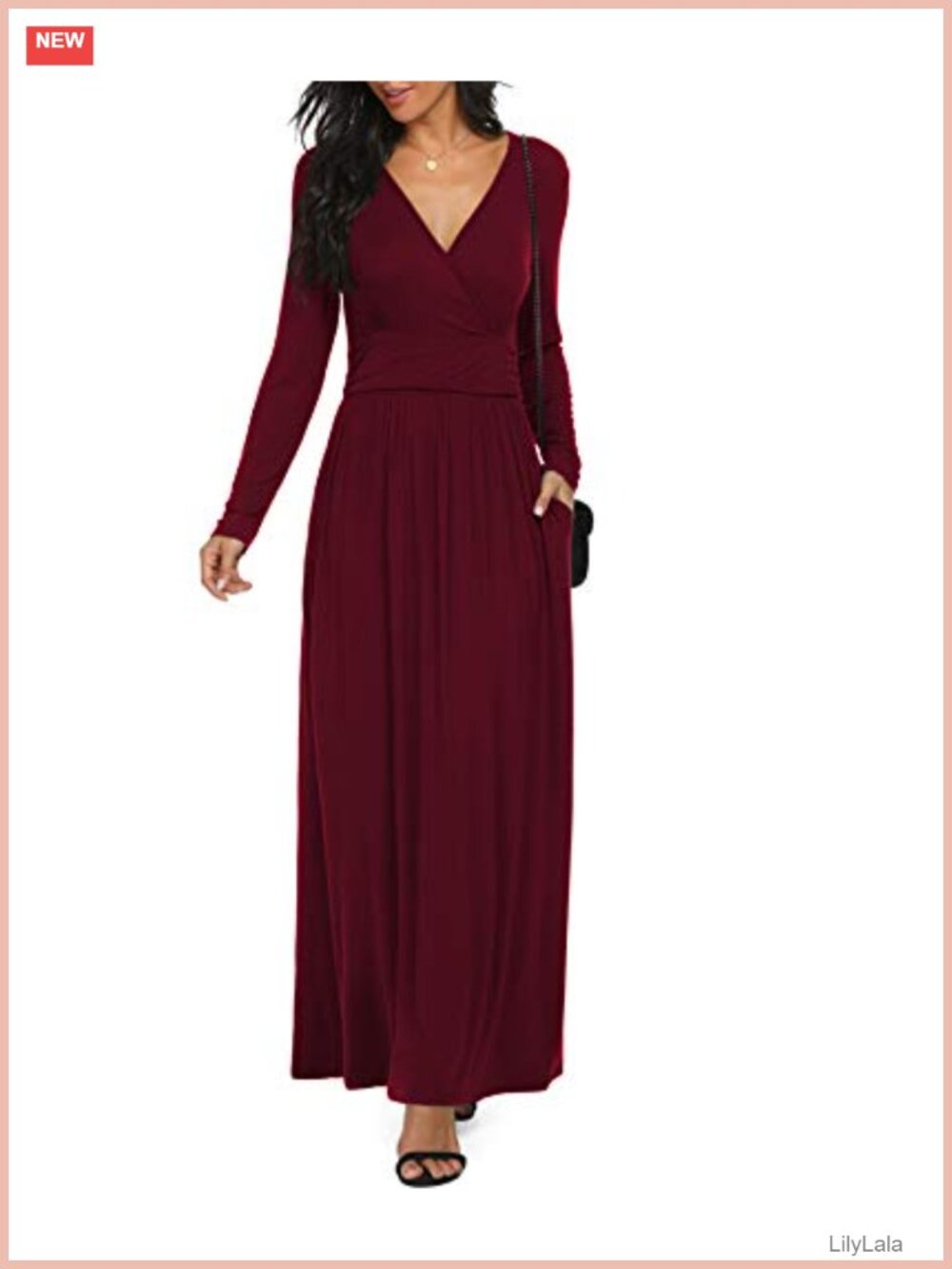 Long Sleeve Deep V Neck Maxi Casual Dress Side Pockets Empire Waist